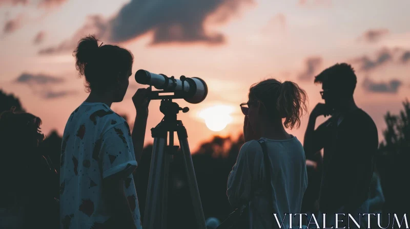Silhouette of People Looking Through a Telescope at the Sunset AI Image