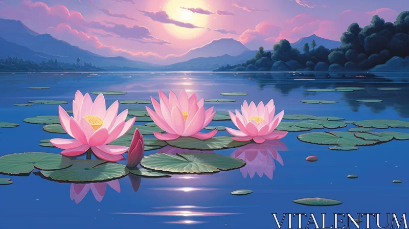 Tranquil Lake Painting with Water Lilies at Sunset AI Image