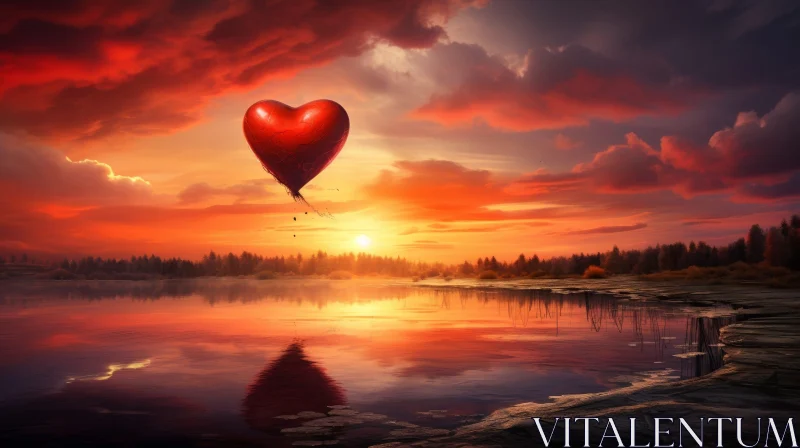 Tranquil Sunset with Red Heart Balloon over Lake AI Image