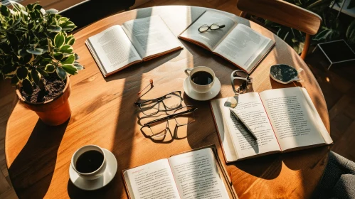 Wooden Table Composition: Books, Coffee Cups, Glasses