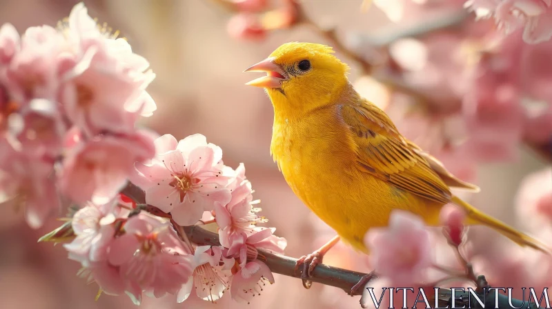 Yellow Bird Singing on Tree Branch with Pink Flowers AI Image