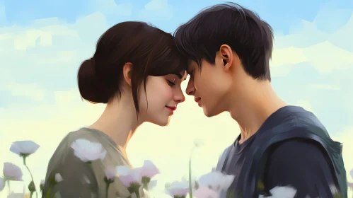 Young Couple in Field of Flowers Painting