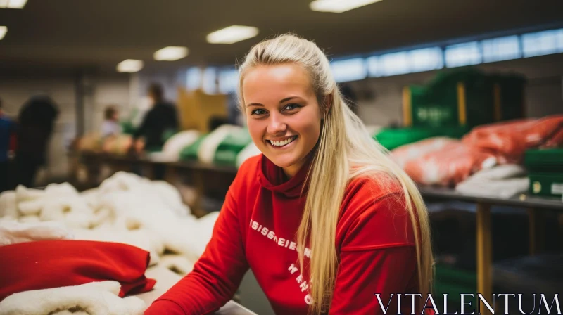 Young Woman in Red Sweatshirt Smiling - Warehouse Portrait AI Image