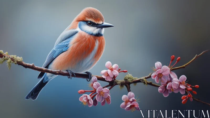 Beautiful Bird Painting on Branch with Pink Flowers AI Image