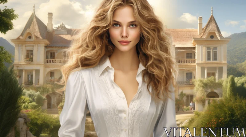 Captivating Portrait of a Young Woman in Front of a Mansion AI Image