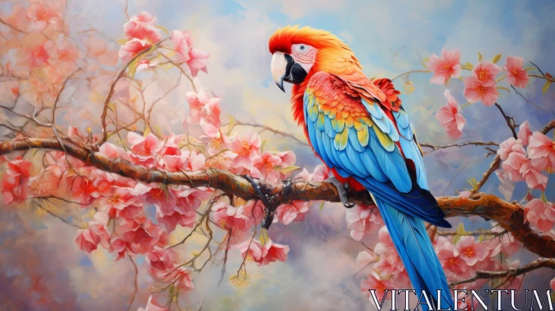 Colorful Parrot on Flowering Tree - Digital Painting AI Image