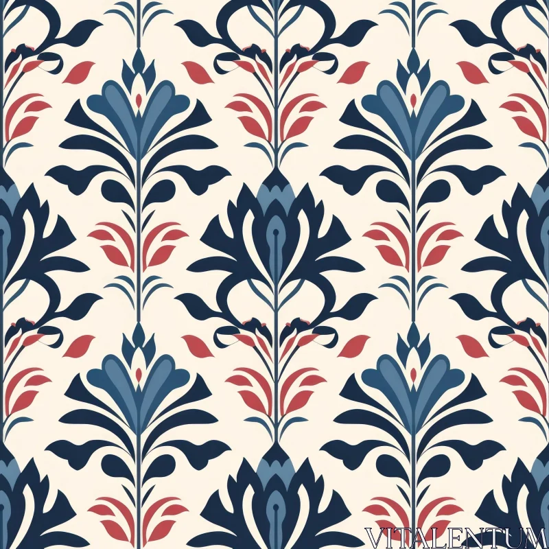 AI ART Floral Vector Pattern - Blue Red Flowers on Beige Background
