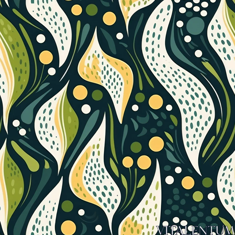 Floral Vector Pattern - Green, Yellow, White on Dark Blue Background AI Image