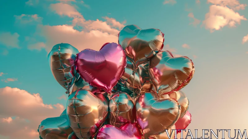 AI ART Heart-Shaped Balloons in Pink, Gold, and Silver Against Blue Sky