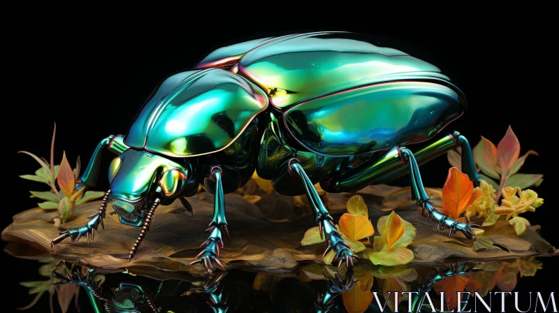AI ART Iridescent Beetle on Leaf - Detailed Macro Photography