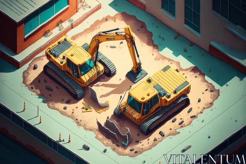 Isometric Construction Site with Excavators: A Captivating Illustration AI Image