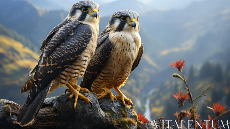 Majestic Falcons Perched on Rock in Mountainous Landscape AI Image