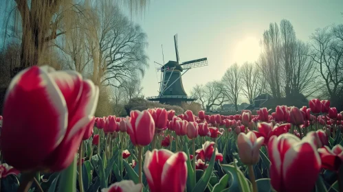 Majestic Windmill and Vibrant Tulips in a Serene Landscape