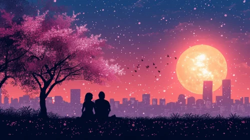 Moonlit Cityscape: Romantic Landscape with Blooming Tree