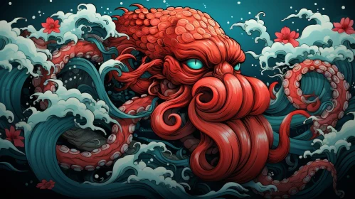 Octopus in Traditional Japanese Style Digital Painting