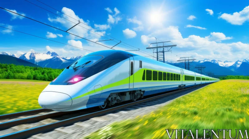 Sleek Green and White High-Speed Train in Scenic Landscape AI Image