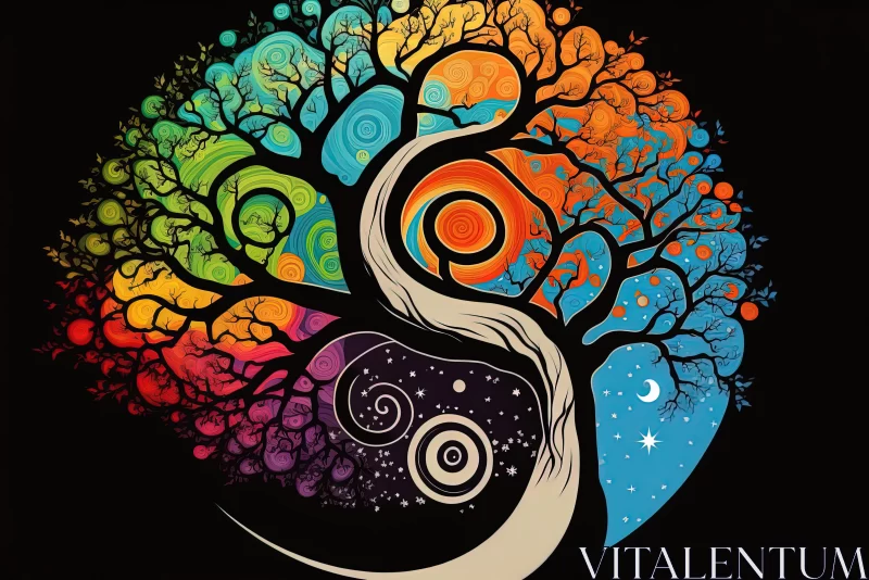 Stunning Yin Yang Tree Illustration - Vibrant and Cosmic Art AI Image