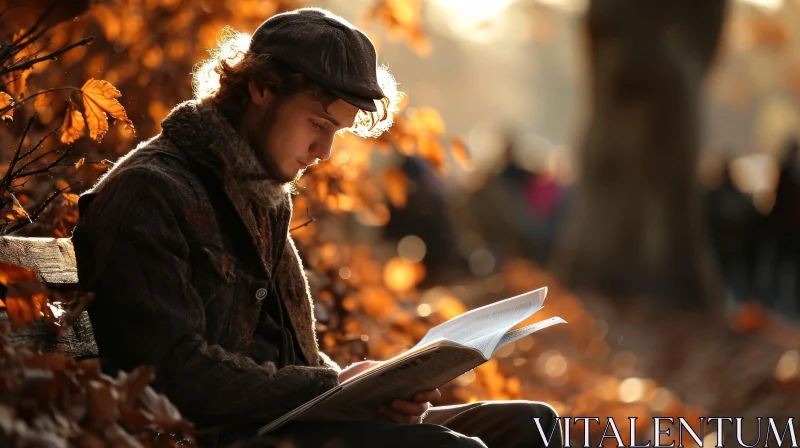 AI ART Young Man Reading Newspaper on a Bench in Park