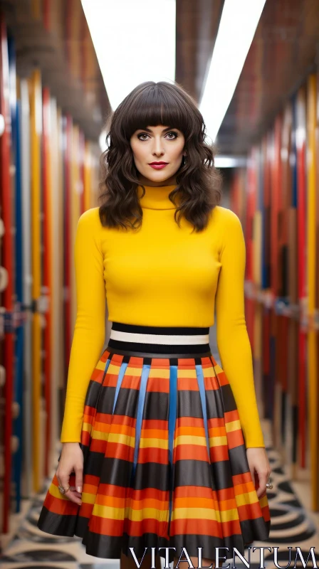AI ART Young Woman in Yellow Turtleneck Blouse in Colorful Corridor