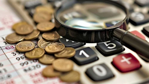 Black Calculator, Magnifying Glass, and Coins on Table