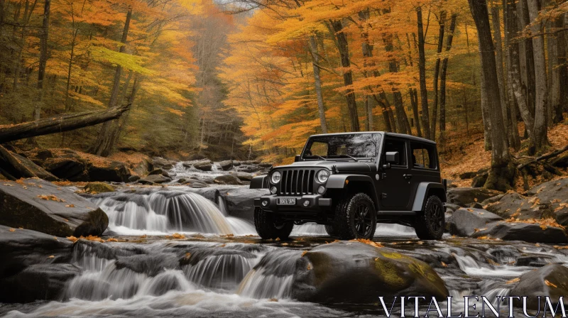 Black Jeep in Fall Woods by a River with Waterfall - Monochromatic Elegance AI Image