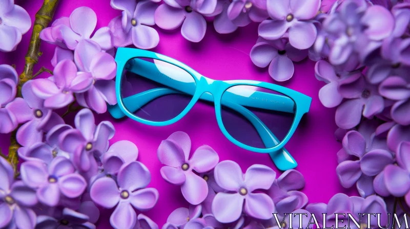 Blue Plastic Sunglasses on Purple Floral Background AI Image