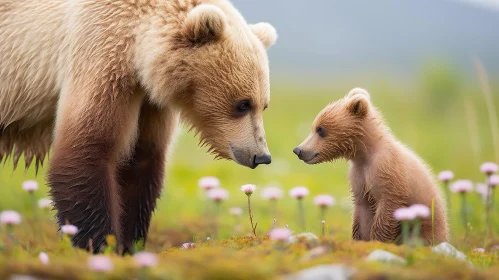 Brown Bear and Cub in Majestic Field of Flowers