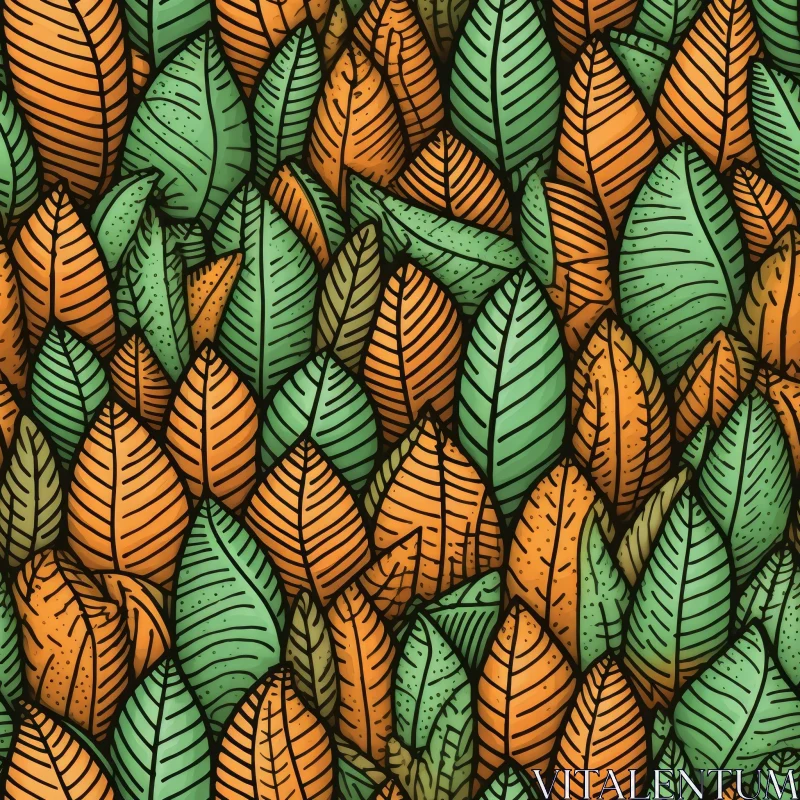 Cartoon Leaves Seamless Pattern - Green and Orange AI Image