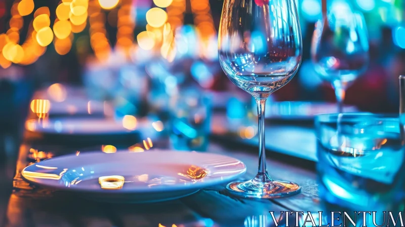 Close-Up Still Life: Empty Wine Glass and Plate on Wooden Table in Restaurant AI Image