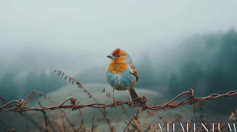 Colorful Bird on Rusty Fence with Mountain Background AI Image