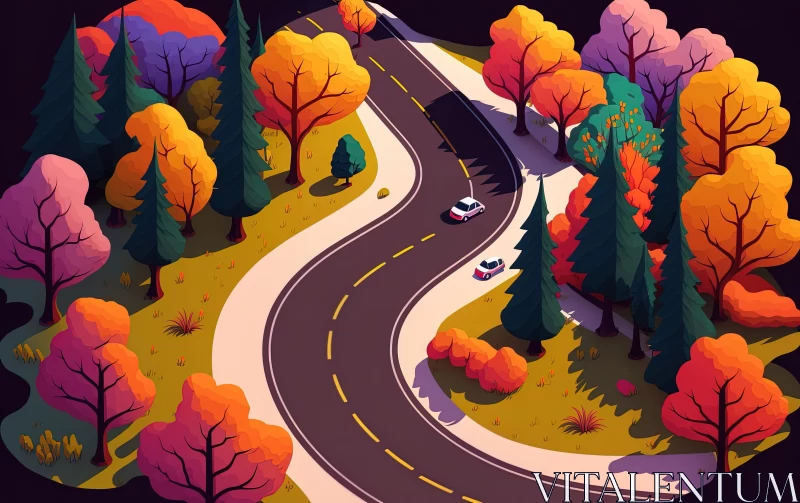 AI ART Colorful Isometric Forest Road Illustration | Autumn