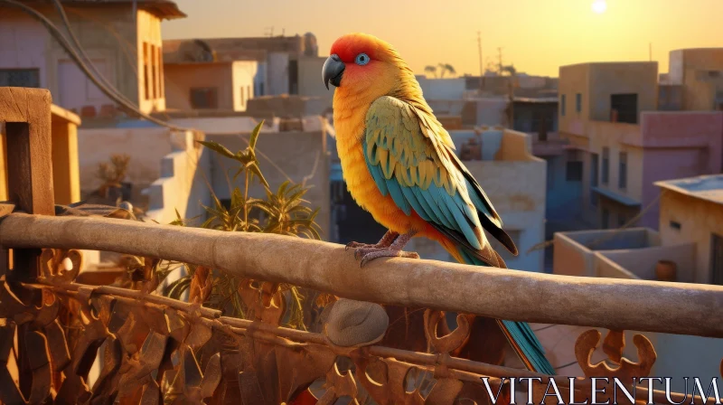 Colorful Parrot on Wooden Railing at Sunset AI Image