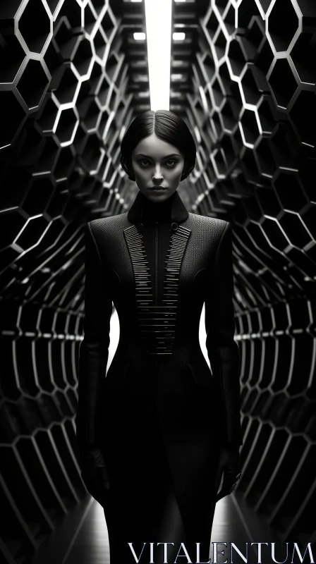 Dark Futuristic Woman in Black Leather Suit AI Image