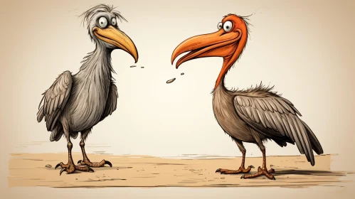 Funny Cartoon Pelicans on Sand