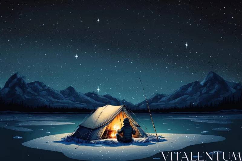 Romantic Camping Illustration: A Man Under the Starry Night Sky AI Image