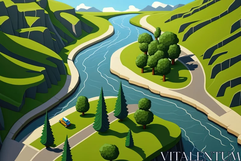 Scenic Road Through Mountains and River - Cartoonish and Realistic Art AI Image