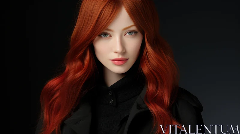 Serious Young Woman with Red Hair in Black Attire AI Image