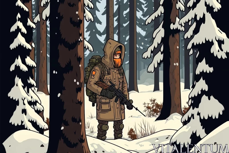 Snowy Forest Illustration with Man and Rifle - Cartoon Realism AI Image