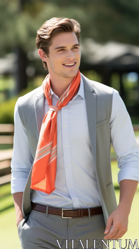 Stylish Young Man in Gray Suit and Orange Scarf AI Image