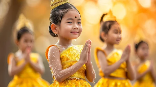Three Thai Girls in Traditional Costumes | Smiling | Golden Headdress