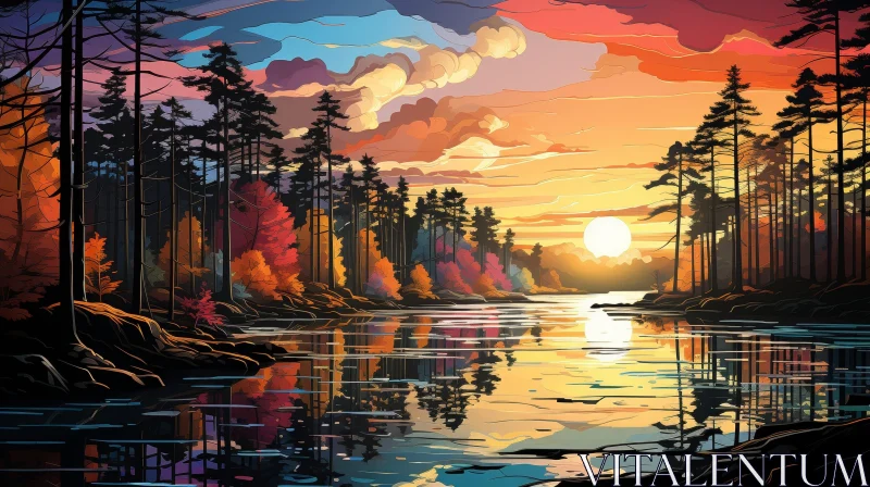AI ART Tranquil Forest and Lake Sunset Scene
