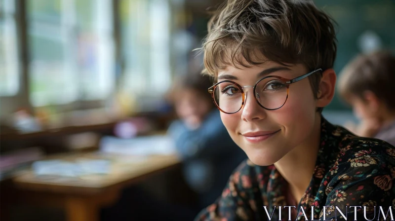 Young Woman with Glasses and Floral Shirt - Friendly Smile AI Image