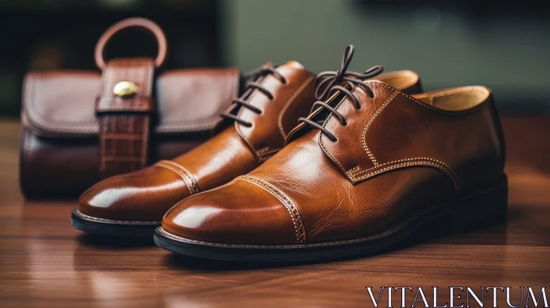 Brown Leather Shoes and Bag on Wooden Table AI Image