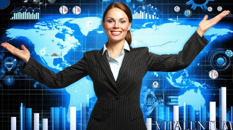 Confident Businesswoman Standing in Front of World Map with Graphs and Charts AI Image