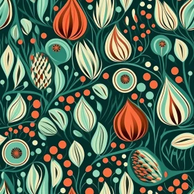 Dark Green Floral Pattern with Orange and Teal Flowers