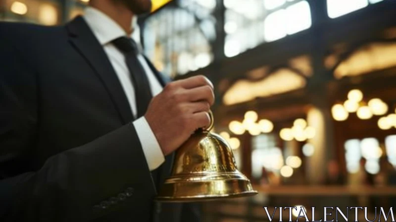 Elegant Bellhop Holding a Golden Bell in a Hotel Lobby AI Image