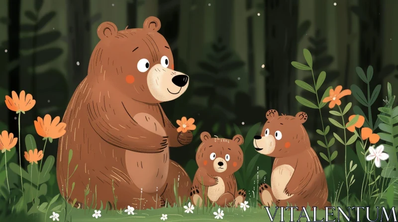 Enchanting Bear Family Cartoon in Forest AI Image