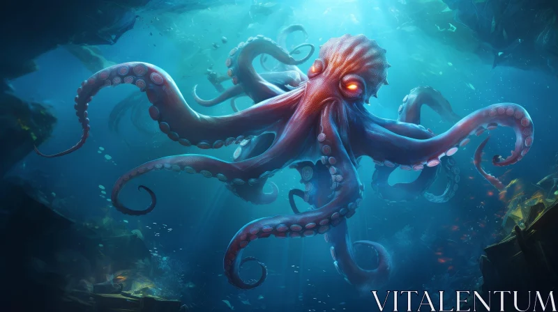 Giant Octopus Digital Painting in Red and Blue AI Image