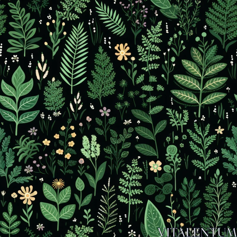 AI ART Green Floral Seamless Pattern on Black Background