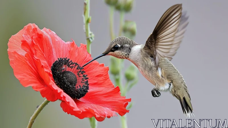 Hummingbird and Poppy Flower in Nature AI Image